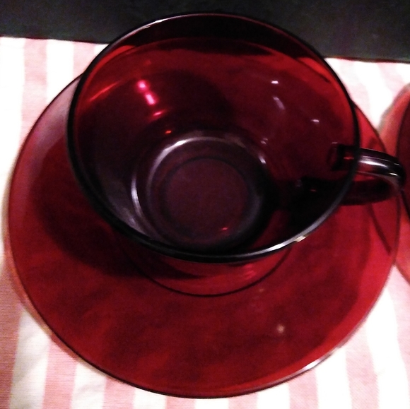 Vintage Cafecore Ruby Red Glass Cup Saucer Set Christmas Cafe Tea Coffee Anchor - Picture 6 of 11